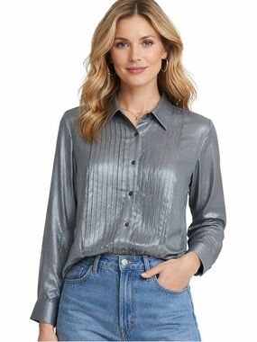 Lauren Ralph Lauren pewter gray metallic pleated button-down shirt size Large